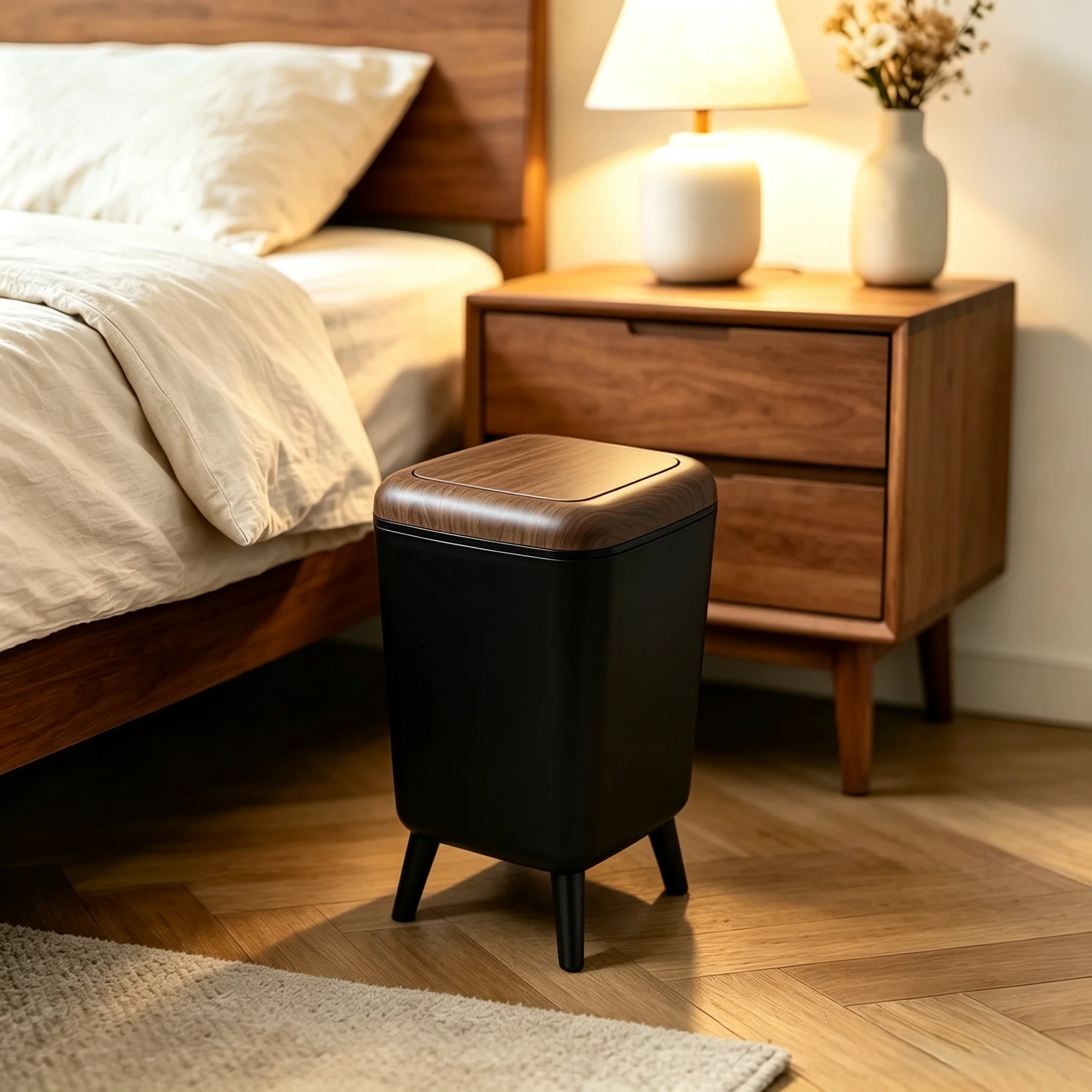 Mid‑Century Press‑Lid Square Trash Bin with 4‑Leg Base, Wood‑Grain Top Lidded Waste Container, Decorative Floor Waste Bin for Bathroom Living Room Home Decor