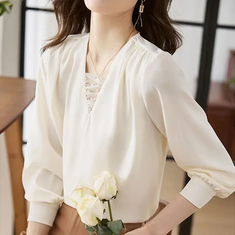 

Autumn New Office Lady Elegant V Neck Shirts Fashion Long Sleeve Satin Blouse Women Bottoming Tops Solid Clothes Blusas 29974