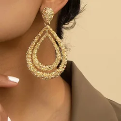 Big Gold Color Double Layer Water Drop Earrings For Women Metal Earing Jewelry 2024 Trending Women's Exaggerated Matte Earrings