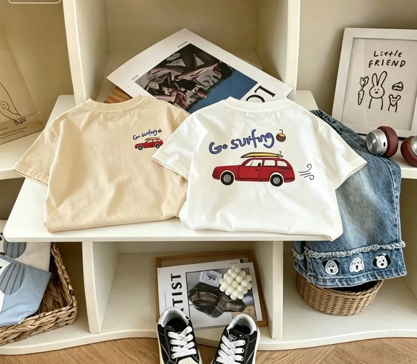 Kids Surf Themed Go Surfing Car Print T Shirts Toddler Short Sleeve Tops Perfect For Summer Casual Daily Wear Two Side Print Tee