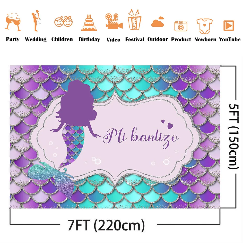 Mi Bantizo Backdrop for Baby Shower Theme Party Decoration Mermaid Birthday Party Background for Girls Summer Holidays Banner