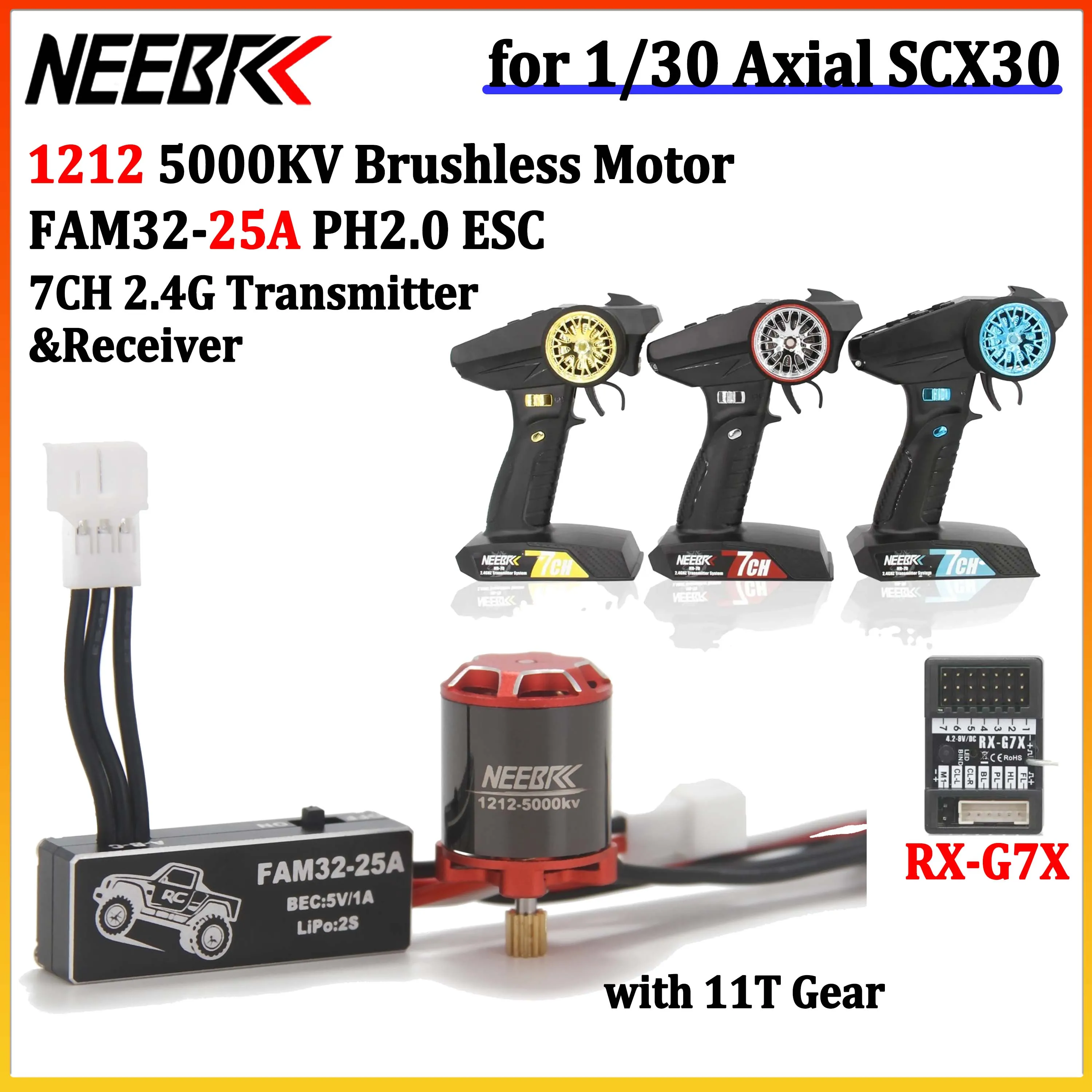 NEEBRC 1212 5000KV Brushless Motor FAM32 PH2.0 25A ESC 7CH Transmitter Receiver Set for 1/30 RC Crawler Axial SCX30 Upgrade Part