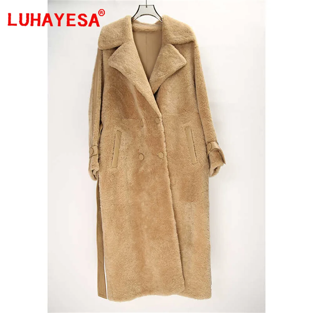 

2024 L Vissesa Spain Pearl Lamb Sheepskin Fur Shearling Одежда для женщин Очень длинное зимнее модное тонкое пальто с воротником из натурального меха