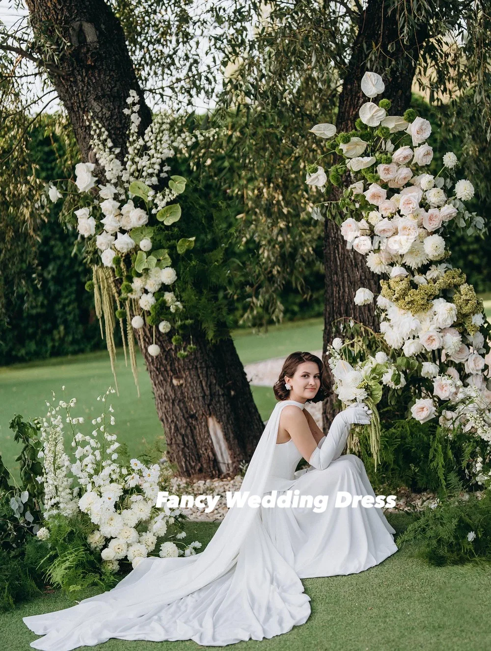 Fancy Graceful Strapless A Line Wedding Dress Korea Photo Shoot A Line Soft Satin Bridal Gown Floor Length Corset Customized