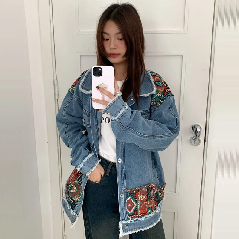 Spring Harajuku Vintage Ethnic Style Blue Short Denim Coat Women Contrast Color Patchwork Casual Lapel Long Sleeve Jeans Jacket