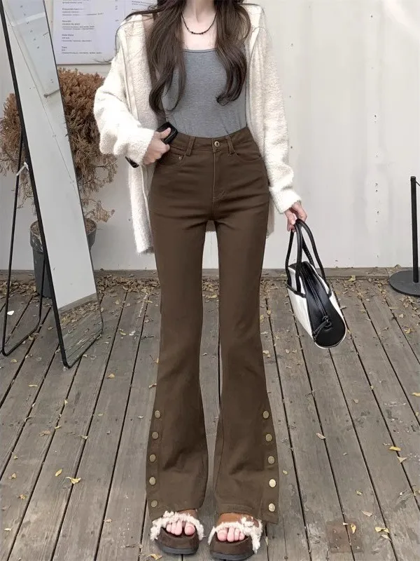 

Коричневые джинсы-колокольчики в стиле ретро, женские зимние дизайнерские брюки с высокой талией и пуговицами, брюки-колокольчик длиной до пола