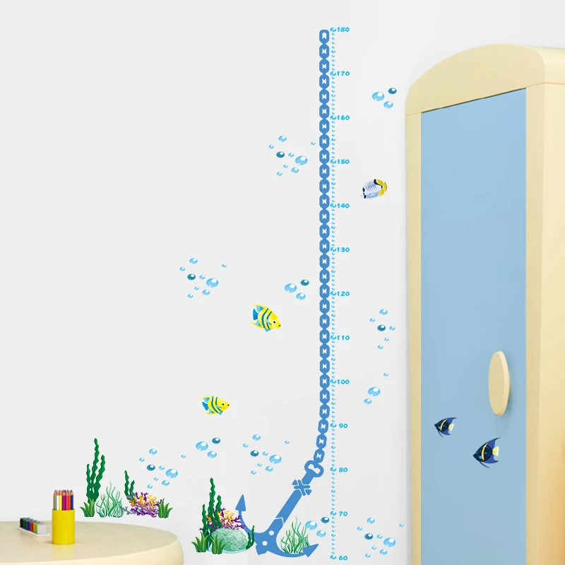 Anchor Chain Fish Bubble Growth Chart Wall Stickers For Kids Height Measure Home Decoration Diy Under Water Mural Art Pvc Decal