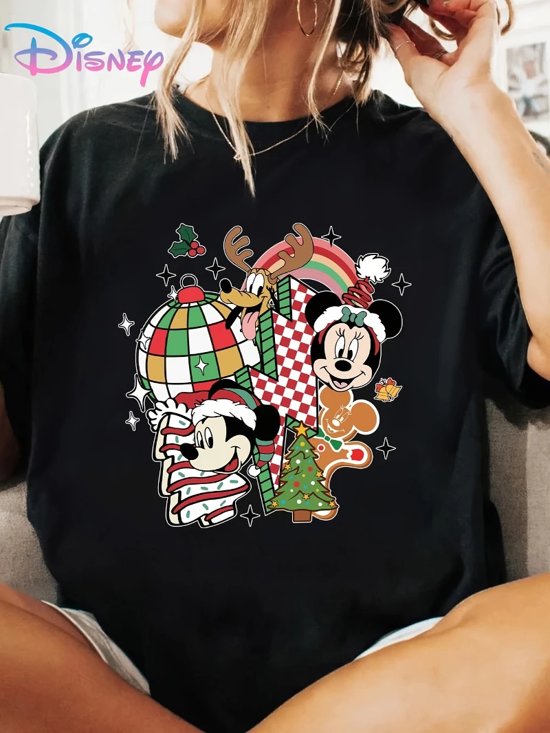 Camiseta de Natal Disney Mickey e Minnie Mouse para mulheres, com Papai Noel e flocos de neve, top casual de manga curta