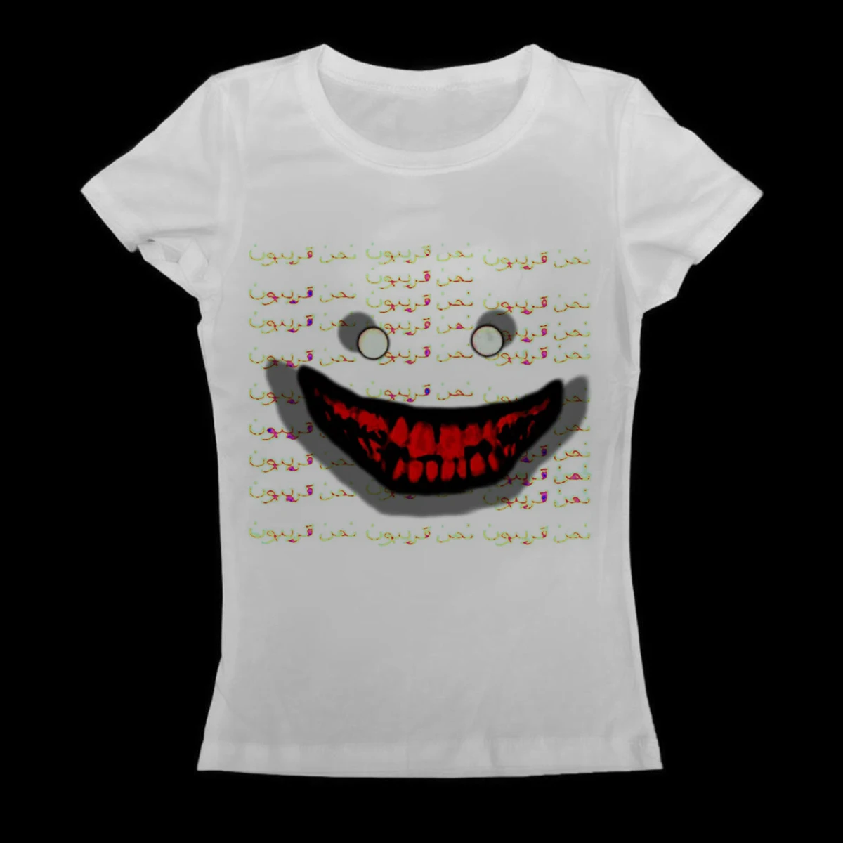 Weirdcore Dark Creepy Smiling Face With Arabic Text Print Women Long Sleeve Tee Y2K Slim Casual T Shirt