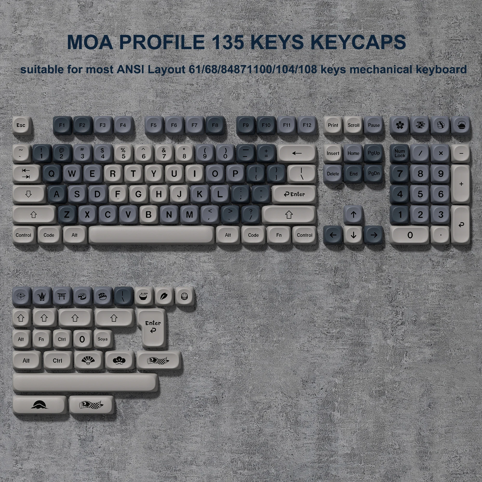 134 Keys Gradient Gray MOA Profile PBT Keycaps Dye Sub Key caps for 61/87/104 Cherry MX Switches Gaming Mechanical Keyboard