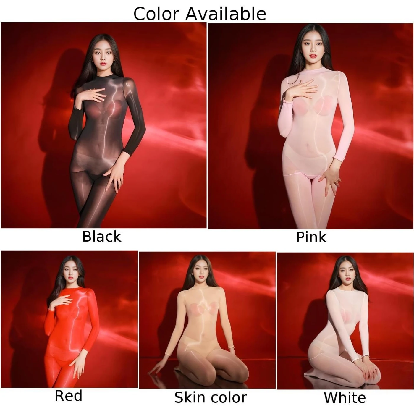 Oily Shiny Glossy Bodystocking High Stretch Long Sleeve Nylon Fabric Regular Length Sexy Style Solid Color All Seasons