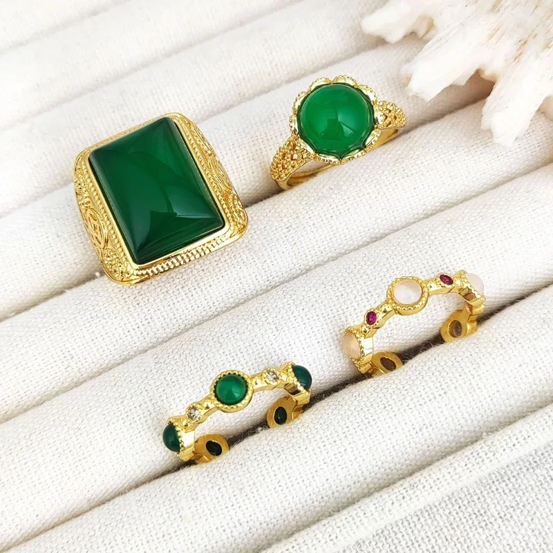 Natuarl Chrysoprase Stone Gold Plated Geometric Shape Ring for Women Men Wedding Engagement Classic Jewelry