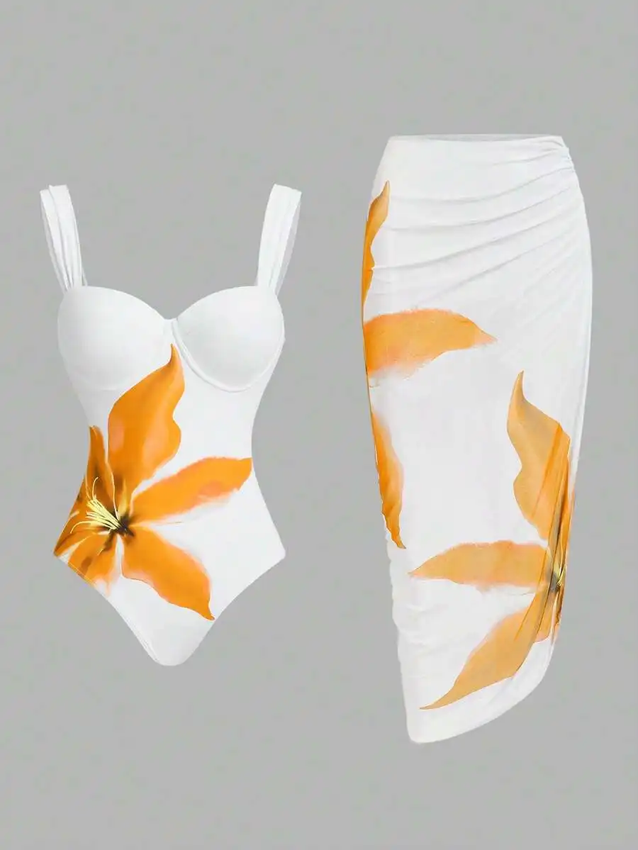 

White Floral Print One-Piece Swimsuit With Skirt Cover For Women Beach Summer