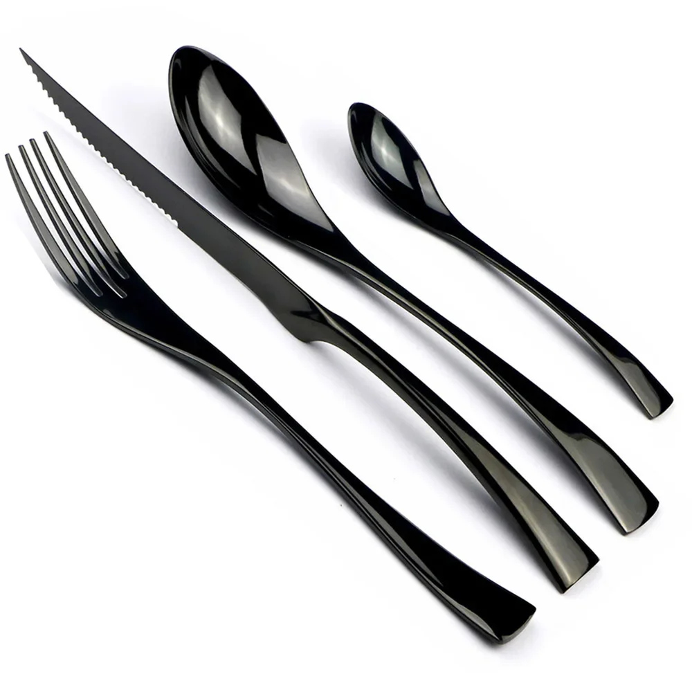 24 Pcs Shiny Black Dinnerware Cutlery Set Stainless Steel Sharp Steak Dinner Knives Forks Scoops Tableware Silverware Set