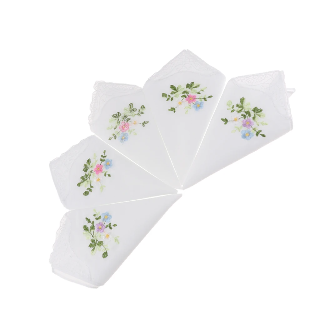 Elegant Ladies Cotton Handkerchief Floral Embroidery Lace Butterfly Design Hanky for Afternoon Tea