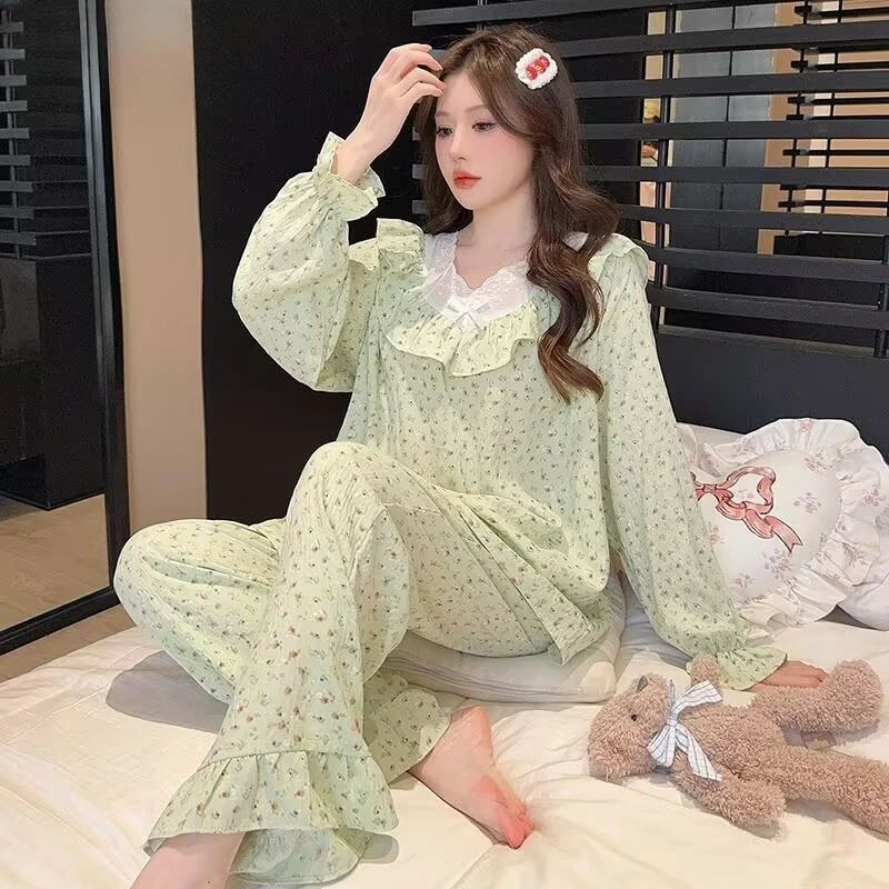 Sweet Women\'s Pajama Set Spring Autumn Pullover Long Sleeve Cute High-Grade Homewear Suit Female Loose Casual Thin Sleepwear