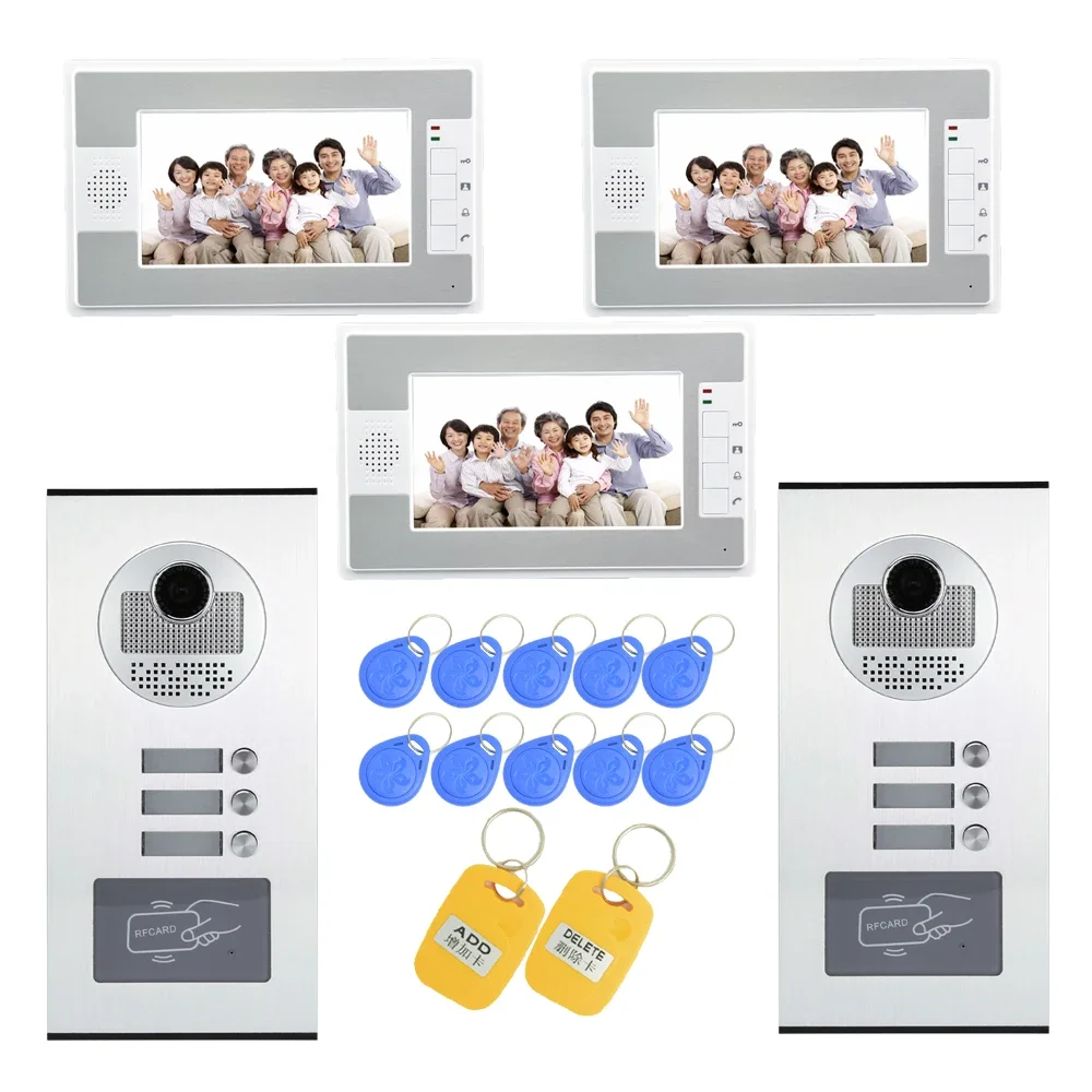 

(1 SET) Intelligent Home 2 camera to 3 Monitor Video Door Phone RFID Inductive Card Easy Unlock Family Use HD Camera Intercom