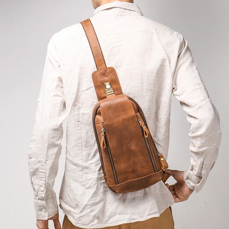 Retro Men's Genuine Leather Crossbody Chest Bag Spring Summer Sporty Saddlebag Single Shoulder Bag Leather Goods