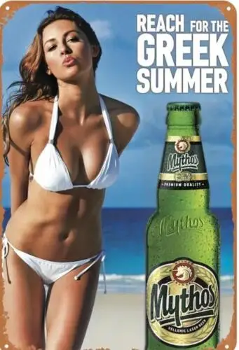 MYTHOS  BEER PIN-UP METAL TIN BAR ART MAN CAVE SEXY WOMAN IN WHITE BIKINI BEACH