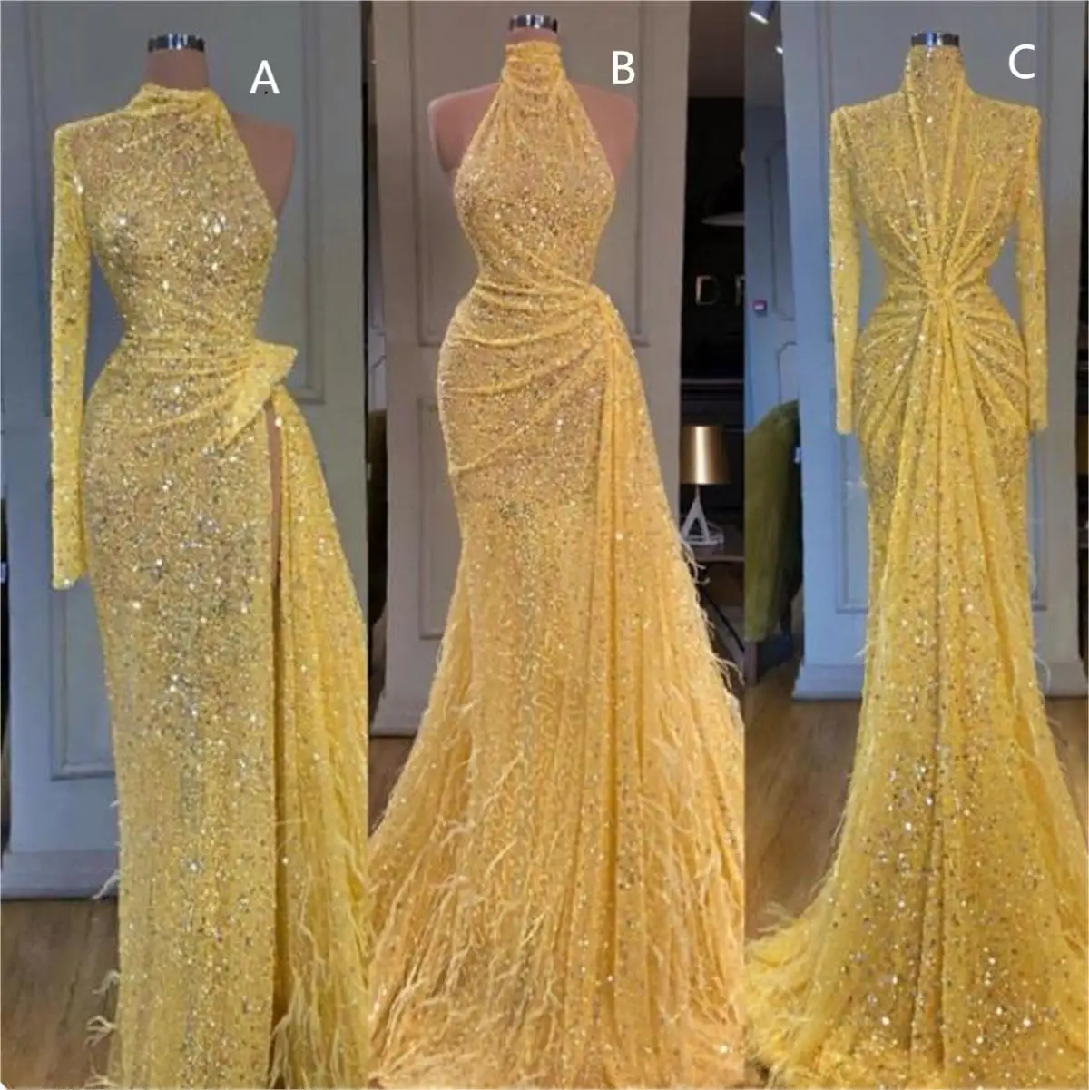 Golden Glitter Sequined Mermaid Evening Dresses High Neck Ruched Robe De Soiree Custom Made Long Sleeve Prom Formal Wear Feather