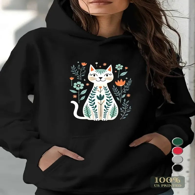 

Fall Winter Plus Size Female Women Sweatshirt Clothes Cute Cartoon White Cat Animal Pet Graphic Comfortable Oversize Long Sleeve