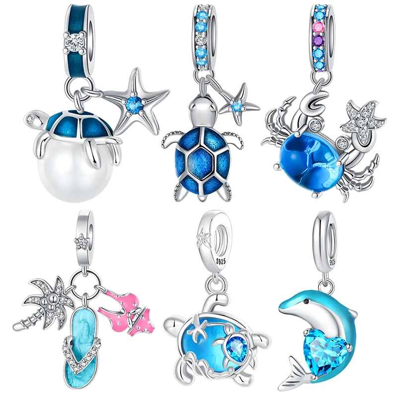 Abalorios Colgantes de Plata de Ley 925 con Diseños de Animales Marinos (Tortuga, Cangrejo, Delfín, Estrella de Mar, Chanclas) para Pulseras de Charms, Regalo de Joyería