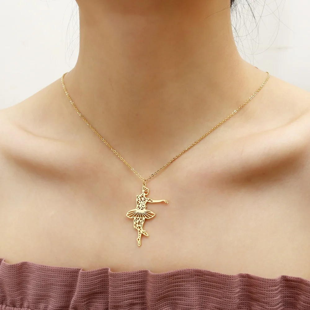 التيتانيوم الصلب حية الباليه راقصة قلادة قلادة الرقص فتاة الذهب الجوف صورة المرأة المجوهرات #5