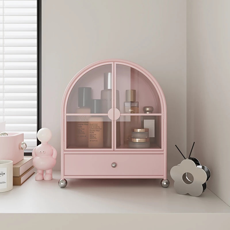 

Dopamine Pink Desktop Organizer, Vanilla Cream Makeup Storage Shelf, Small Metal Drawer Cabinet with Arched Design for Vanity