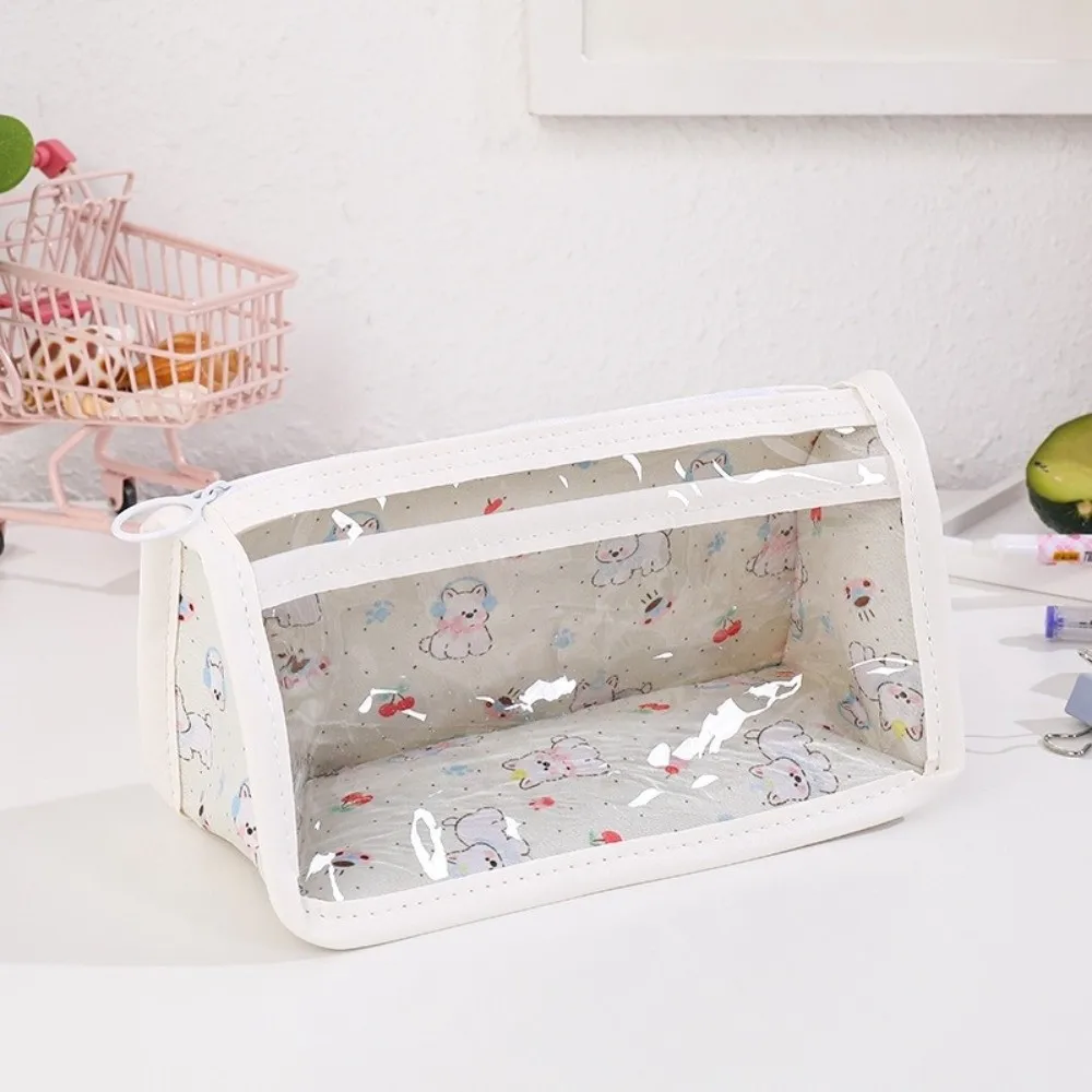 New Large Capacity Transparent Pencil Case Clear PVC Multifunctional Pen Bag Cartoon Print Zipper Cosmetic Bag