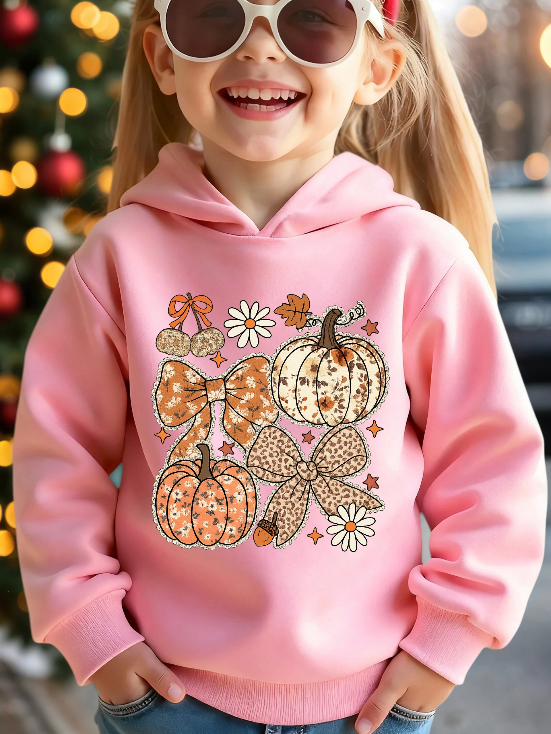 Thanksgiving girl's autumn and winter fashionable warm hooded pullover, with maple leaf and pumpkin cartoon pattern prints