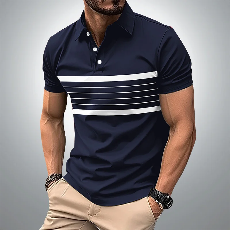 Summer men's short sleeved polo shirt, business office lapel shirt, men's sports and leisure fashionable stripe T-shirt top