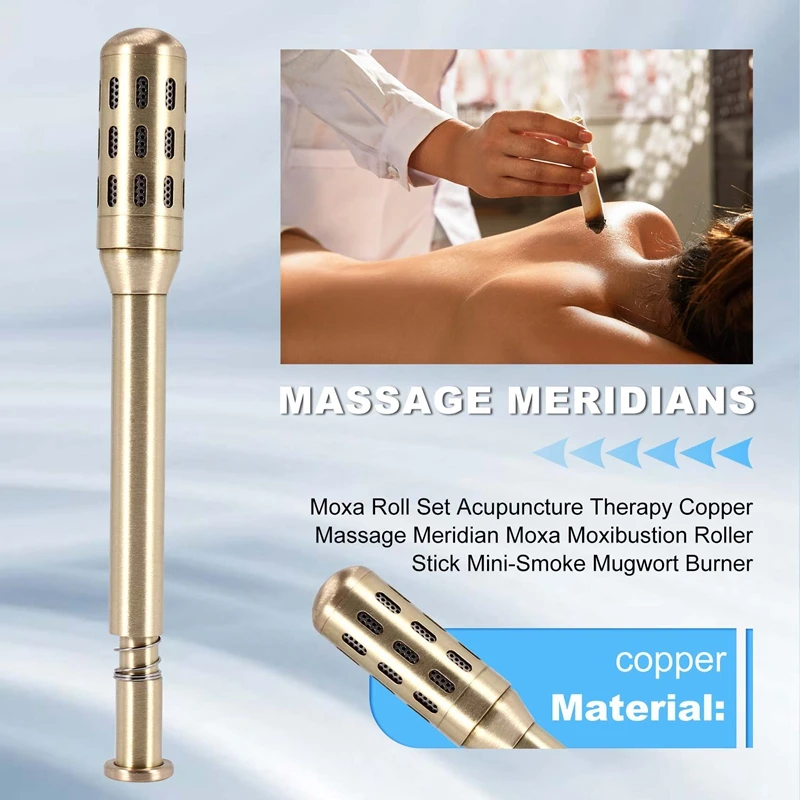 Moxa Roll Set Acupuncture Therapy Copper Massage Meridian Moxa Moxibustion Roller Stick Mini-Smoke Mugwort Burner