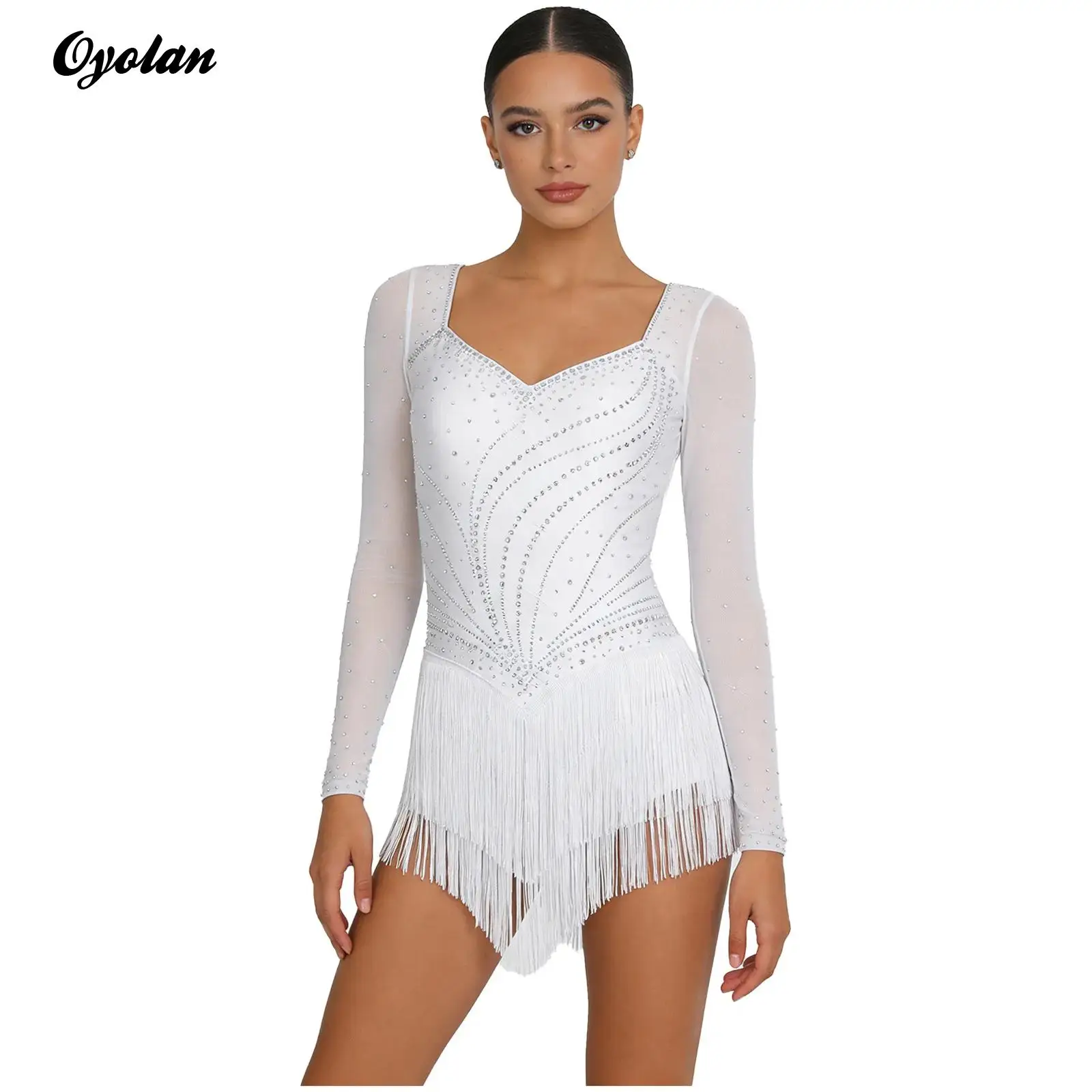 

Женская гимнастика, фигурное катание, латинский танец, боди со стразами, танцевальный костюм для танго, румбы, многоуровневый купальник с кисточками по подолу, комбинезон