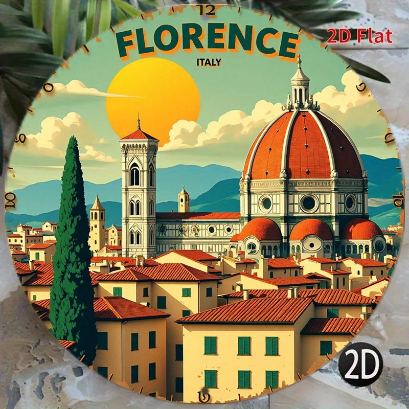 Letrero Metálico Redondo de Arte Mural Retro de Florencia, Italia, con Diseño de Viaje Italiano, Duomo de Florencia, Dante, Techo de Terracota y Casas, para Sala de Estar