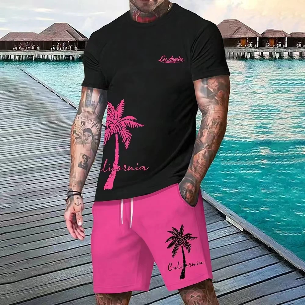 

Men's Suit New Hawaiian Gradient Coconut Print Suit Summer Beach T-Shirt And Pants 2 Piece Fashion Sports Plus Size Men's Suits