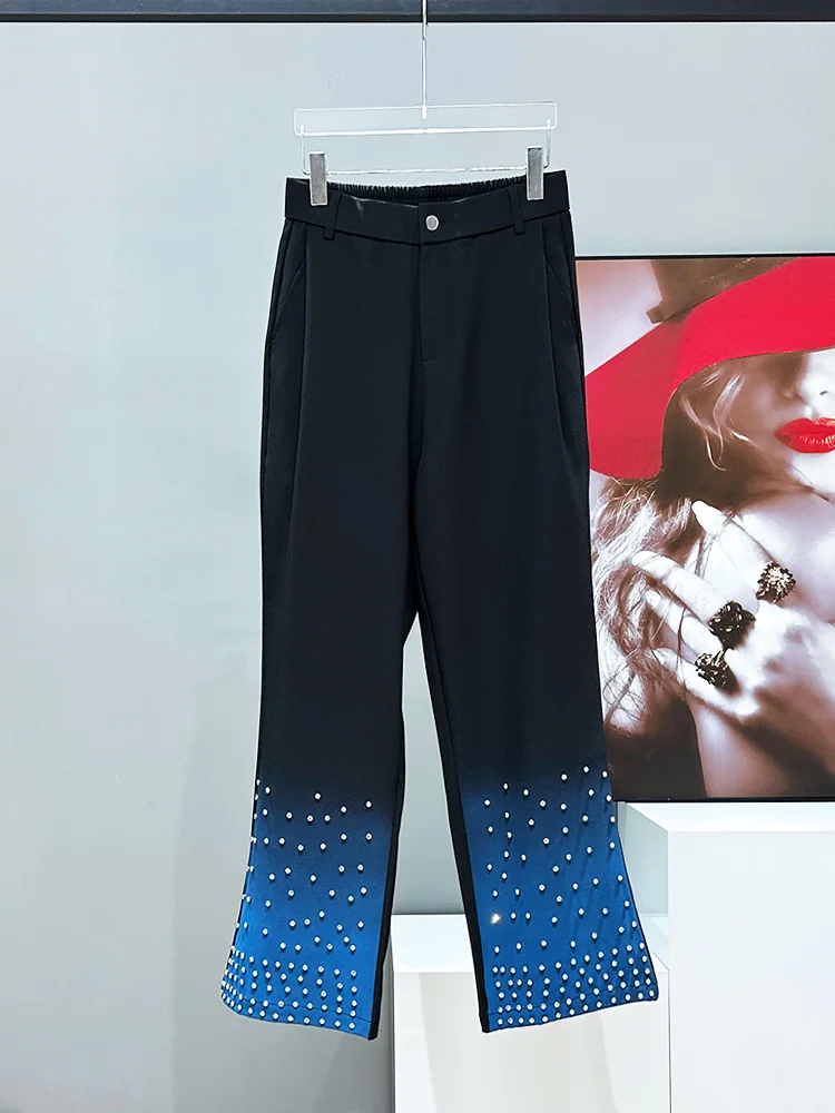 High-end Delicate Diamond-encrusted Color Matching Suit Trousers Men's 2025 Spring New Trendy Pants Male Straight Loose Trousers