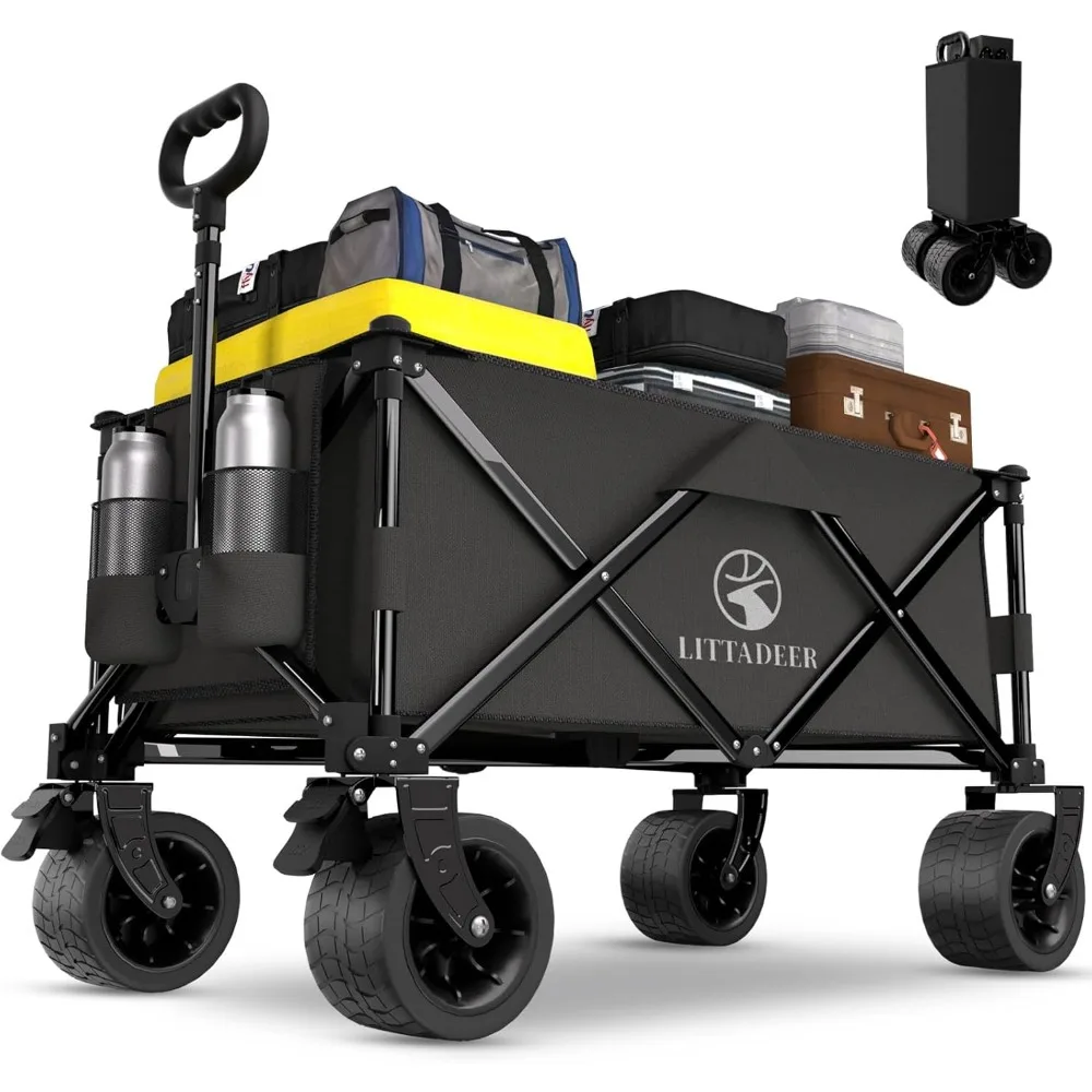 

Collapsible Wagon Cart with Silent All-Terrain Wheels, Foldable Heavy Duty Beach Wagon with 330LB,Folding Cart with Cup Holders