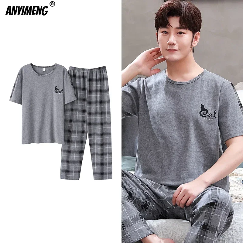 Mens Pajamas Summer New Knitted Cotton Pjs Leisure Sleepwear for Men O-neck Short Sleeved Long Pants Pijamas Set for Gentleman