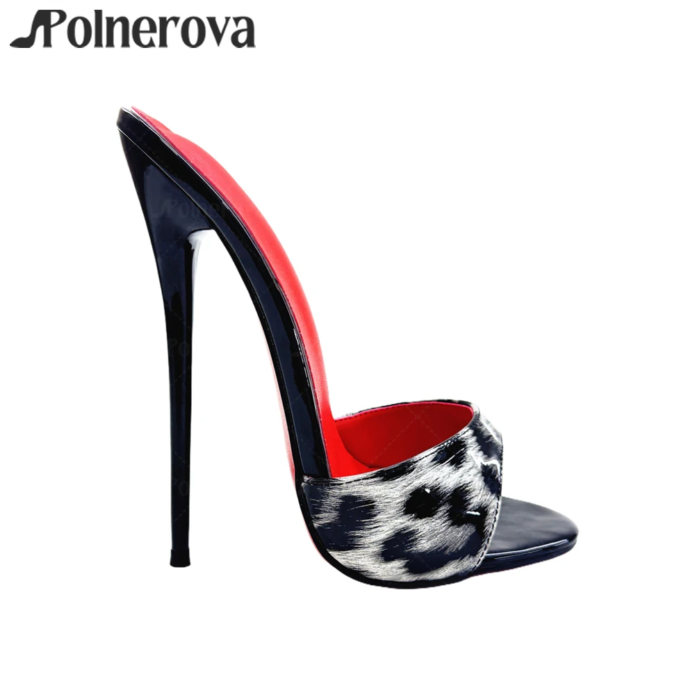

16cm Patent Leather Leopard Print Mules Sexy Round Open Toe Stilettos Ultimate High Heel Slippers Designer Handmade Summer Heels