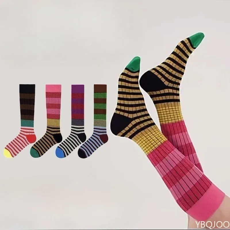 

4 пары контрастных полосатых носков, женские длинные носки-трубочки на осень-зиму, новый стиль для похудения, повседневные носки