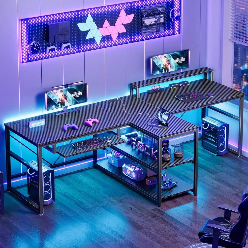 

Игровой компьютерный стол 94,5 дюйма, офисный стол для двоих с местом для хранения, светодиодной подсветкой, блоком розеток, длинный стол с выдвижной полкой для клавиатуры и подставкой для монитора