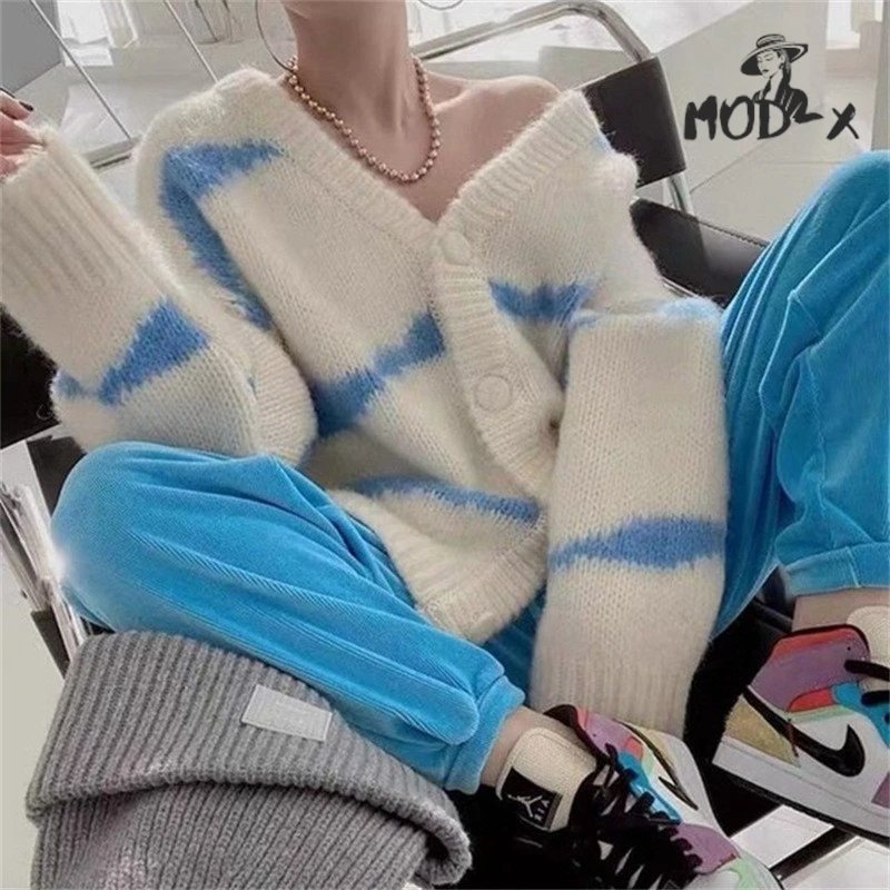 MODX Striped Cardigan Sweater Coat For Women 2024 Loose And Lazy Style Pure Desire To Wear A Matching Color V-neck Cardigan Hot