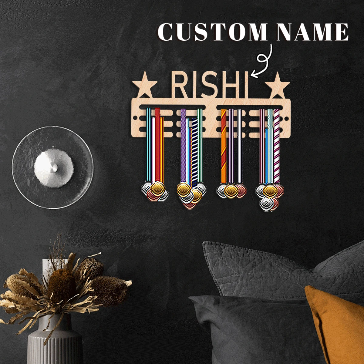 1pc Custom Modern Style Star Decor Frame Wooden Sports Medal Holder, Wall Mounted Display Stand for Sports Lovers Gift view 4
