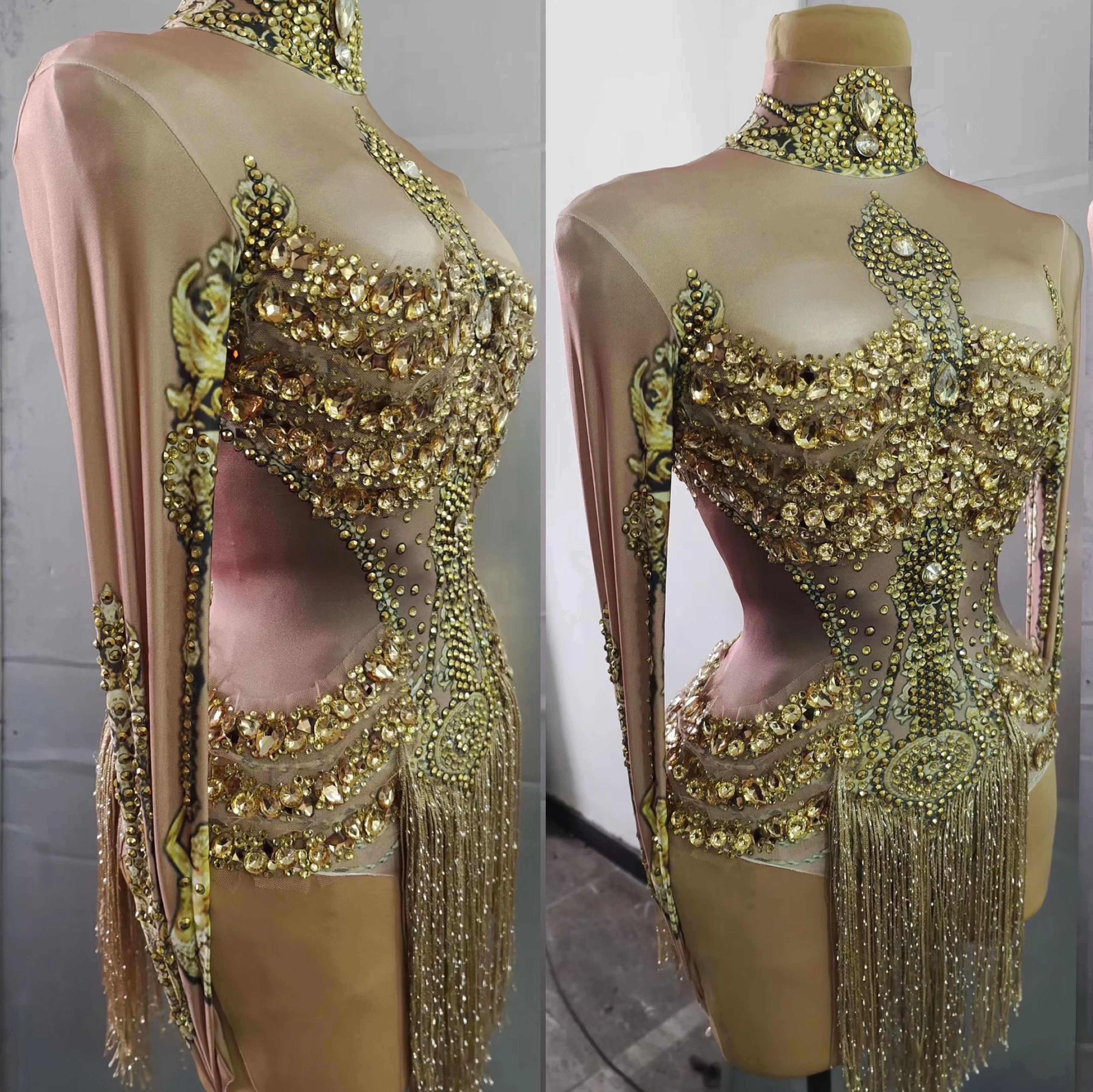 Gold Shining Rhinestones Tassel Bodysuits Women Sexy Long Sleeves Nightclub Prom Clothing Bar DJ Stage Costumes Rave Wears