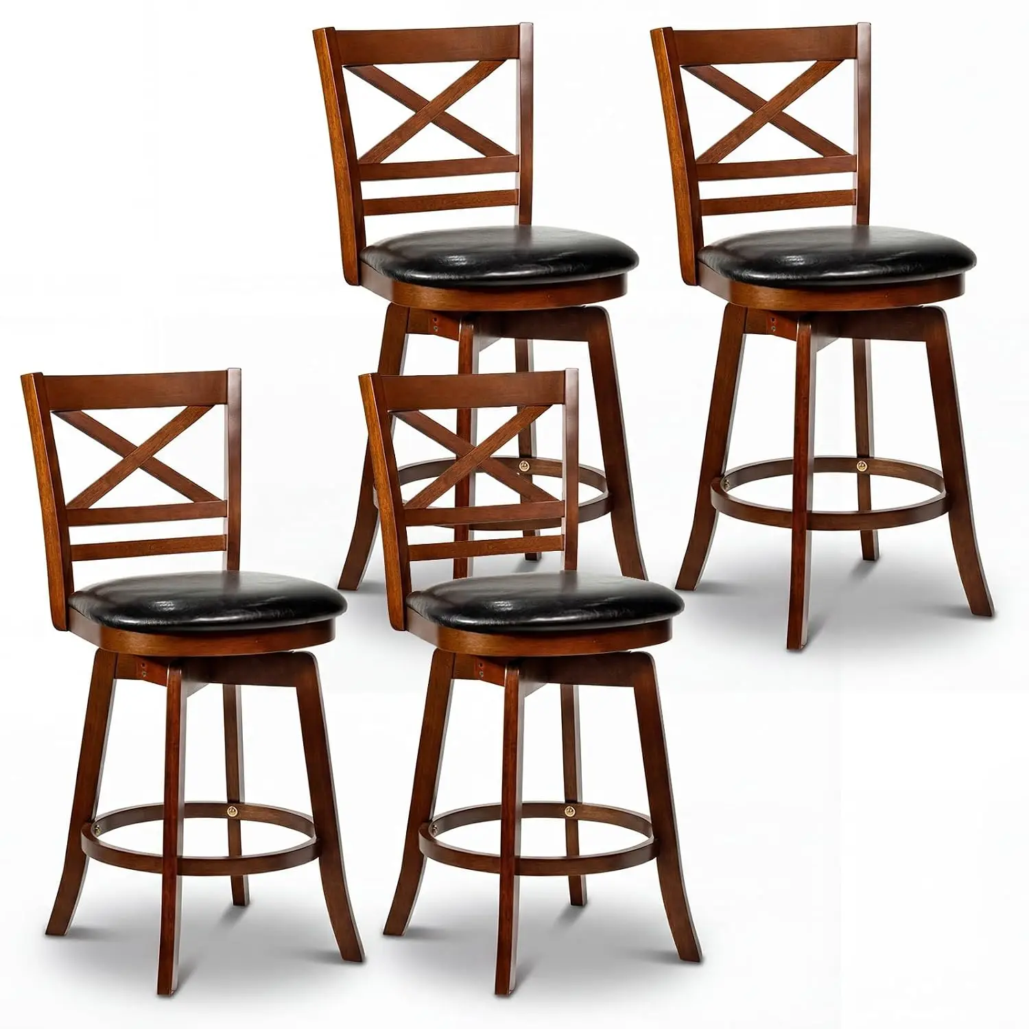 25'' Bar Stools 4-Pack, Swivel Counter Height Barstools With Backrest & Faux Leather Seat, Wood With Footrest, Customized