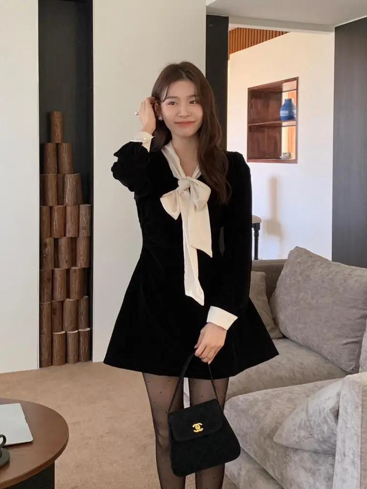 Autumn Winter Black Patchwork Bow Neck Velvet Dress Women Long Sleeve  Elegant Office Lady Slim Evening Party Mini Dress Popular - AliExpress  200000345