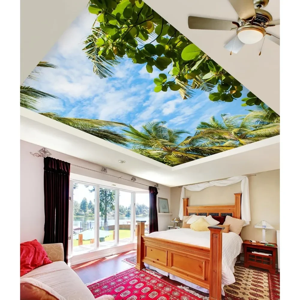 

3D Green Coconut Tree Ceiling Wall Paper Wall Print Decal Self-Adhesive Large Ceiling Wallpaper (Vinyl (No Glue & Removable)）.