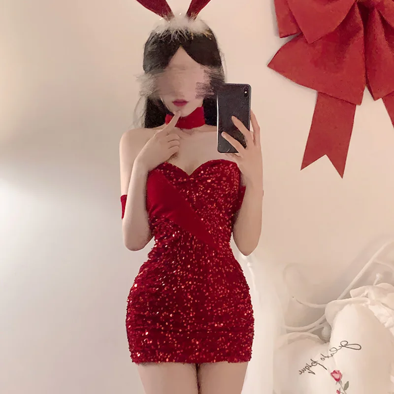 Erotic Girls Bunny Costume Red Velvet Sequin Strap Dress Rabbit Roleplay Exotic Set Christmas Santa Lingerie New Year Lover Gift