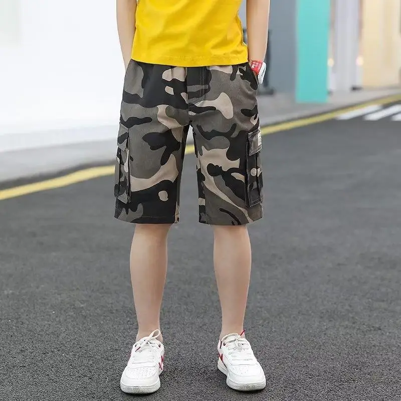 Summer Camouflage Shorts Children Wear Knee Length Pants for Boy Elastic Cotton 6 12 14 Years Teenager Loose Casual Cargo Pants