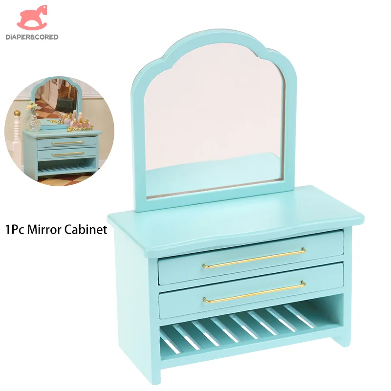 

1pcs 1:12 Dollhouse Dressing Table W/Mirror Storage Cabinet Mirror Cabinet Storage Cupboard Model Bathroom Furniture Decor Toy